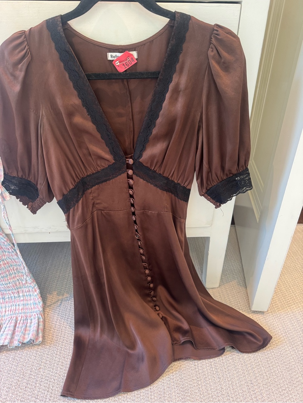 Reformation Chocolate Brown Satin Mini Dress with Black Lace Trim - Picture 2 of 2